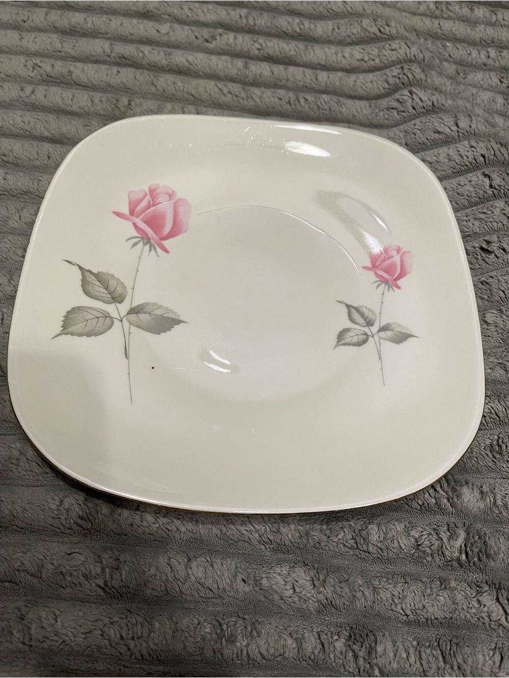 White Ceramic Dinner Plate with Pink Rose Motif